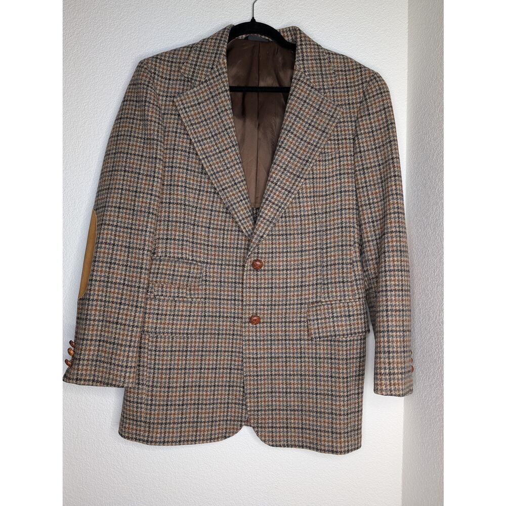 VTG 70s Men 100% Wool Blazer Tweed Houndstooth Leather M/L